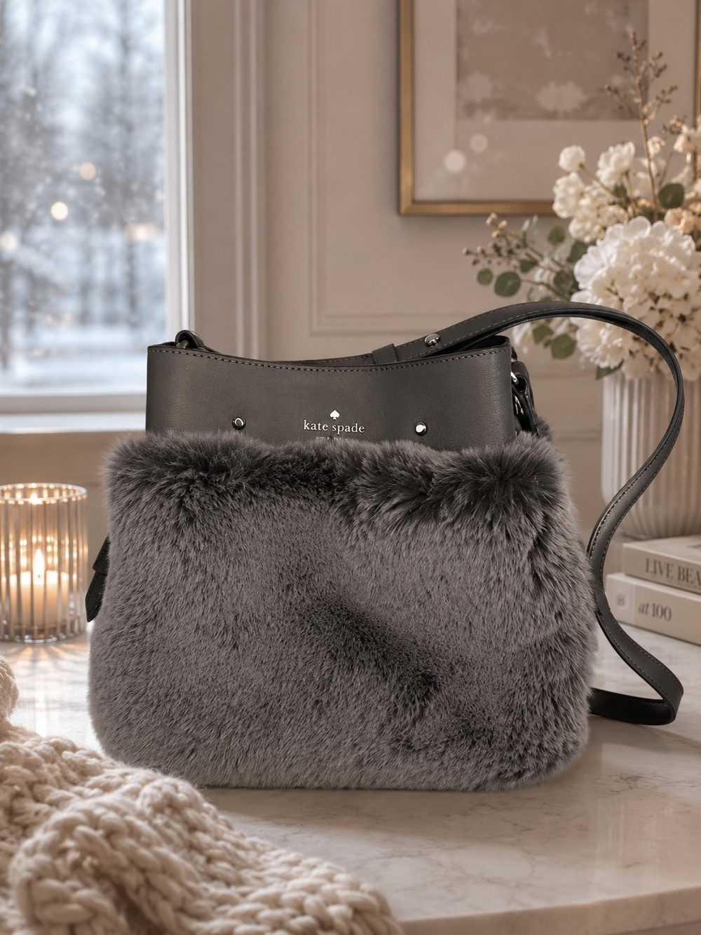 NWoT kate spade Gray Faux Fur and Leather Crossbody Bag